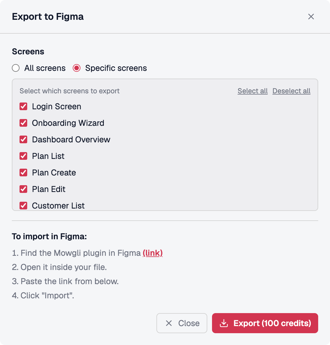Export to Figma screen in Mowgli
