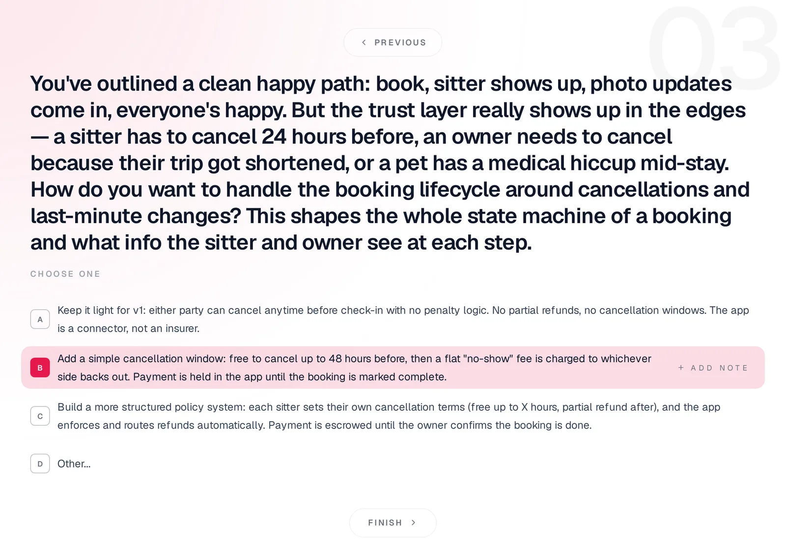 Mowgli questionnaire question 3 about the booking lifecycle around cancellations, with four options and option B selected: a free cancellation window up to 48 hours before, then a flat no-show fee, with payment held until the booking is complete