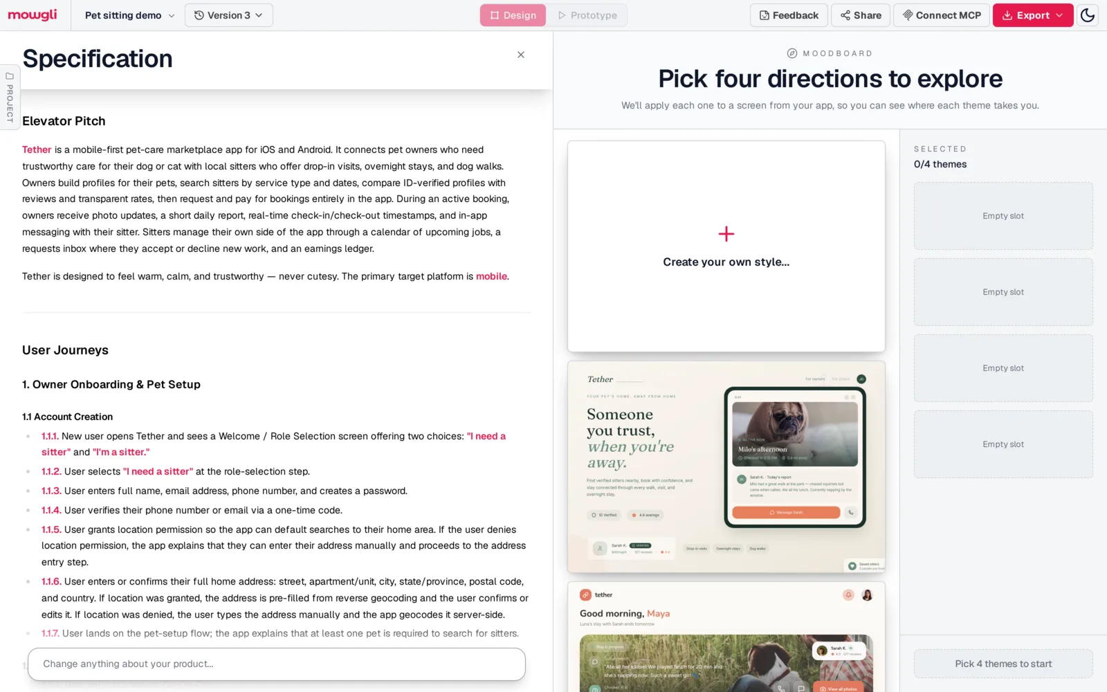 Mowgli specification panel showing the elevator pitch for Tether and the first user journey, Owner Onboarding and Pet Setup, with numbered steps, next to the moodboard