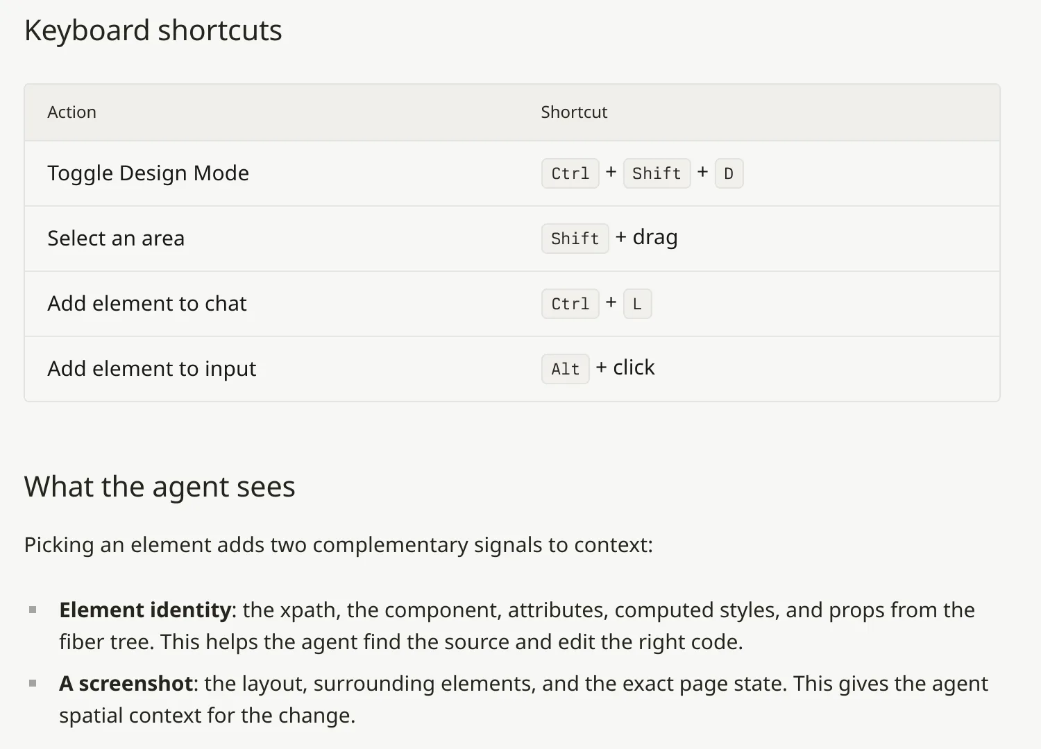 Cursor Design Mode docs with keyboard shortcuts and what the agent sees: element identity and a screenshot