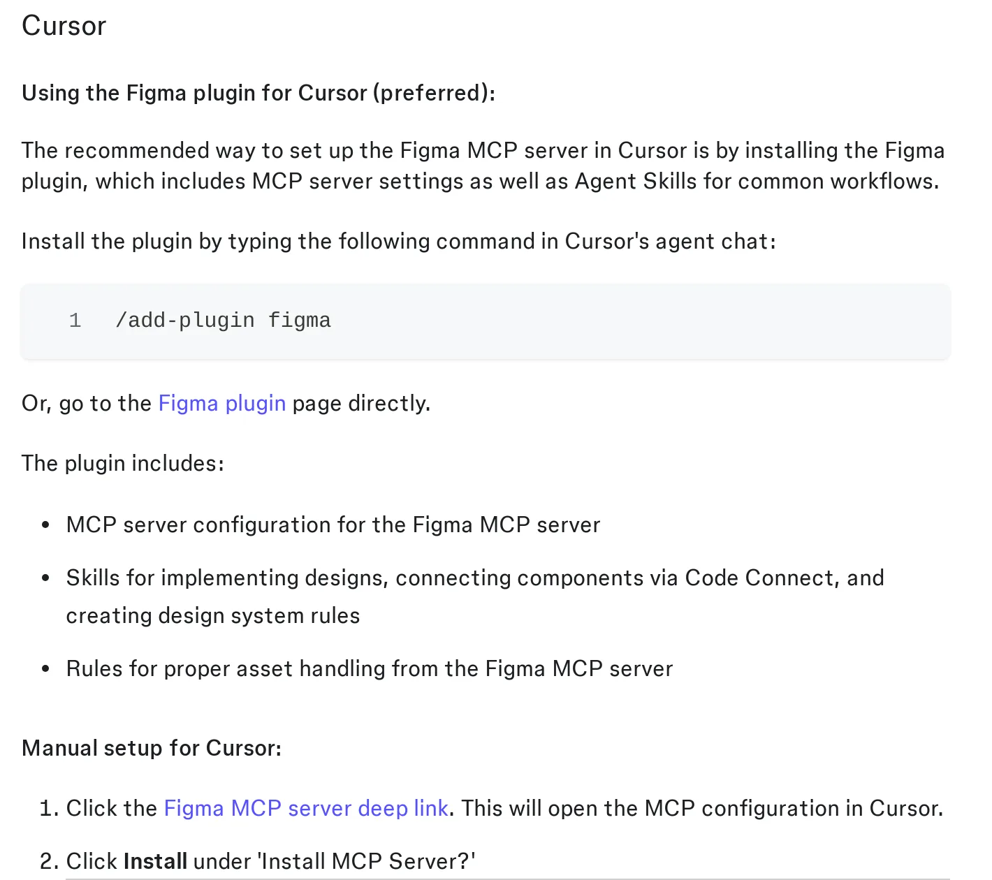 Figma developer docs Cursor section: type /add-plugin figma in Cursor's agent chat, what the plugin includes, and the manual deep link