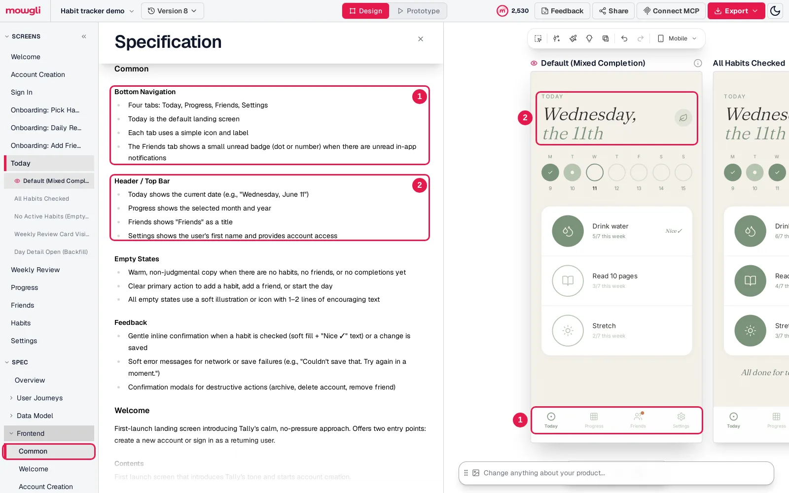 Mowgli editor for the Habit tracker demo with the Specification panel open at Frontend, Common: Bottom Navigation lists four tabs, Header / Top Bar lists the header for each tab, highlighted next to the generated Today screen whose date header and four-tab bottom navigation are highlighted