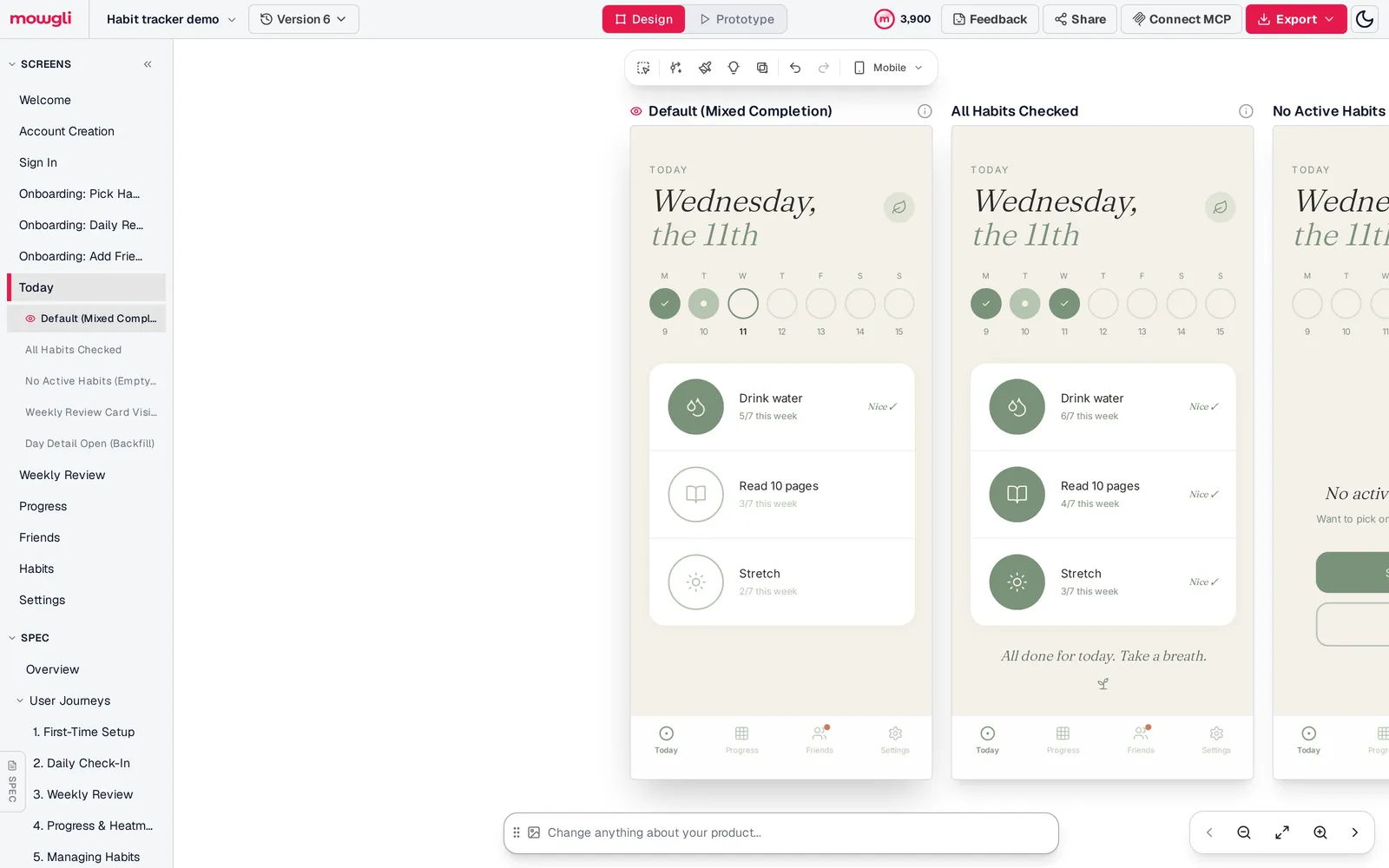 Mowgli editor with a sidebar listing every habit tracker screen and its states, and the Today screen states laid out side by side on the canvas