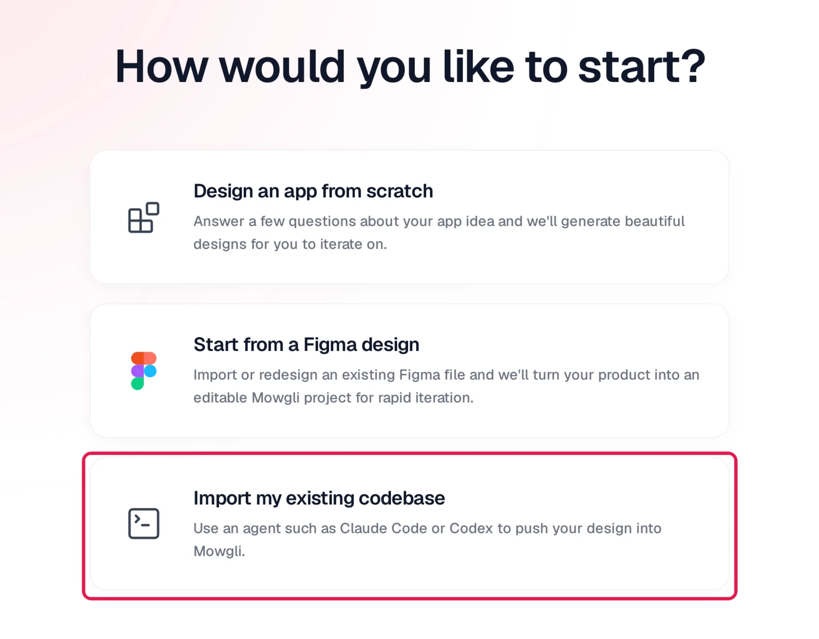 Mowgli new project screen with Import my existing codebase highlighted