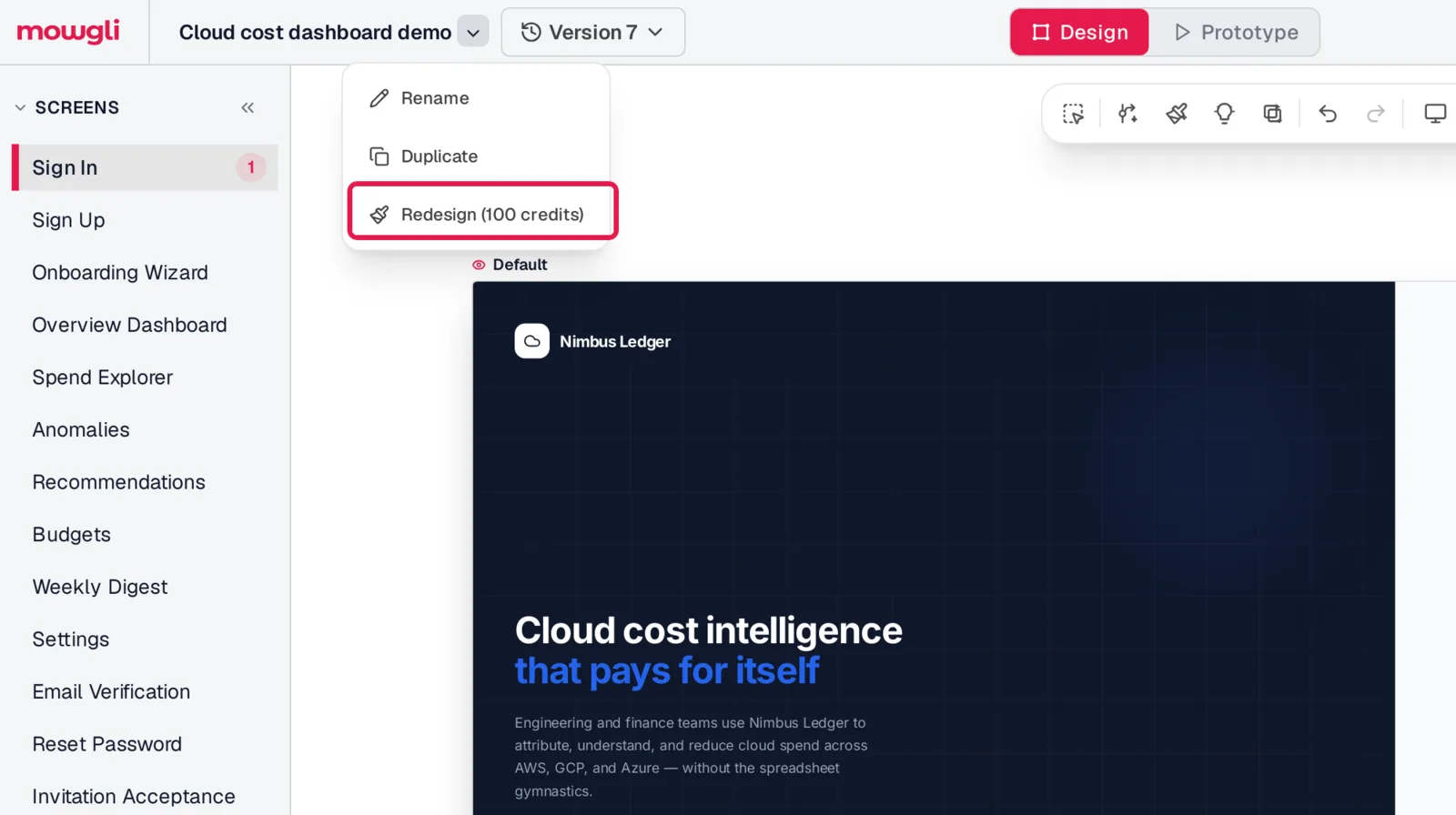 Mowgli project menu with Rename, Duplicate and Redesign (100 credits), Redesign highlighted