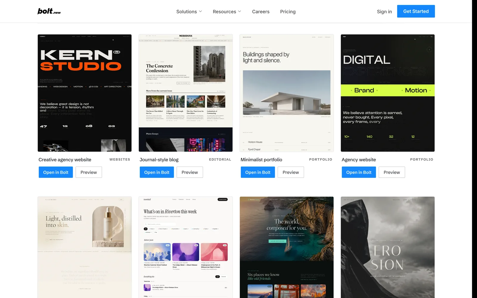 Bolt Templates gallery showing a creative agency website, a journal-style blog, a minimalist portfolio, an agency website and editorial landing pages, each with Open in Bolt and Preview buttons
