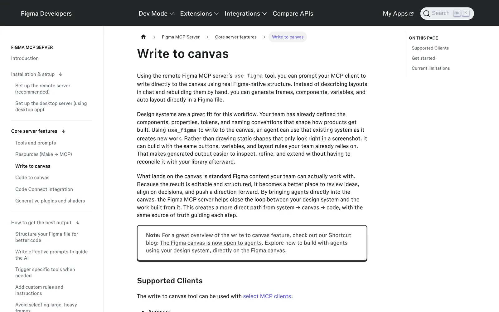Figma developer docs page titled Write to canvas, explaining that the remote server's use_figma tool writes frames, components, variables and auto layout into a Figma file