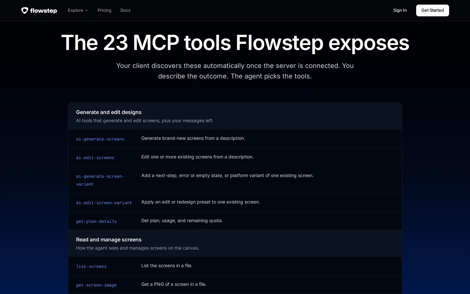 Flowstep MCP page listing its 23 tools, including ai-generate-screens and get-screen-image