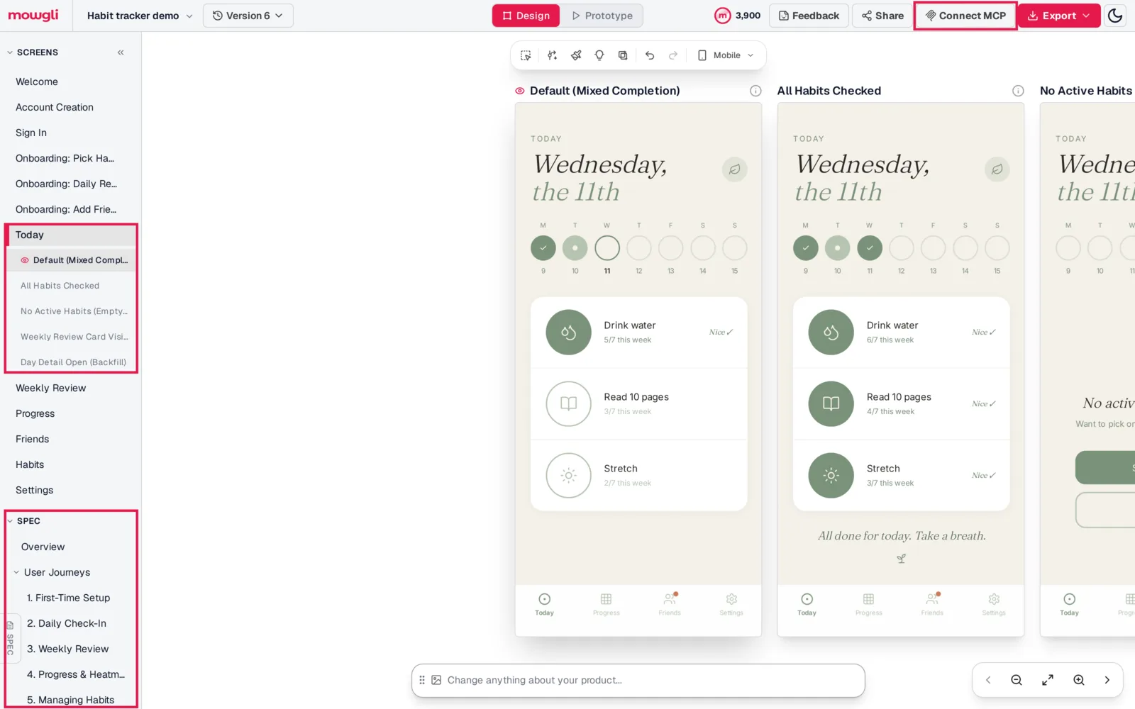 Mowgli canvas for a habit tracker with boxes around the Today screen's five states, the spec tree and the Connect MCP button