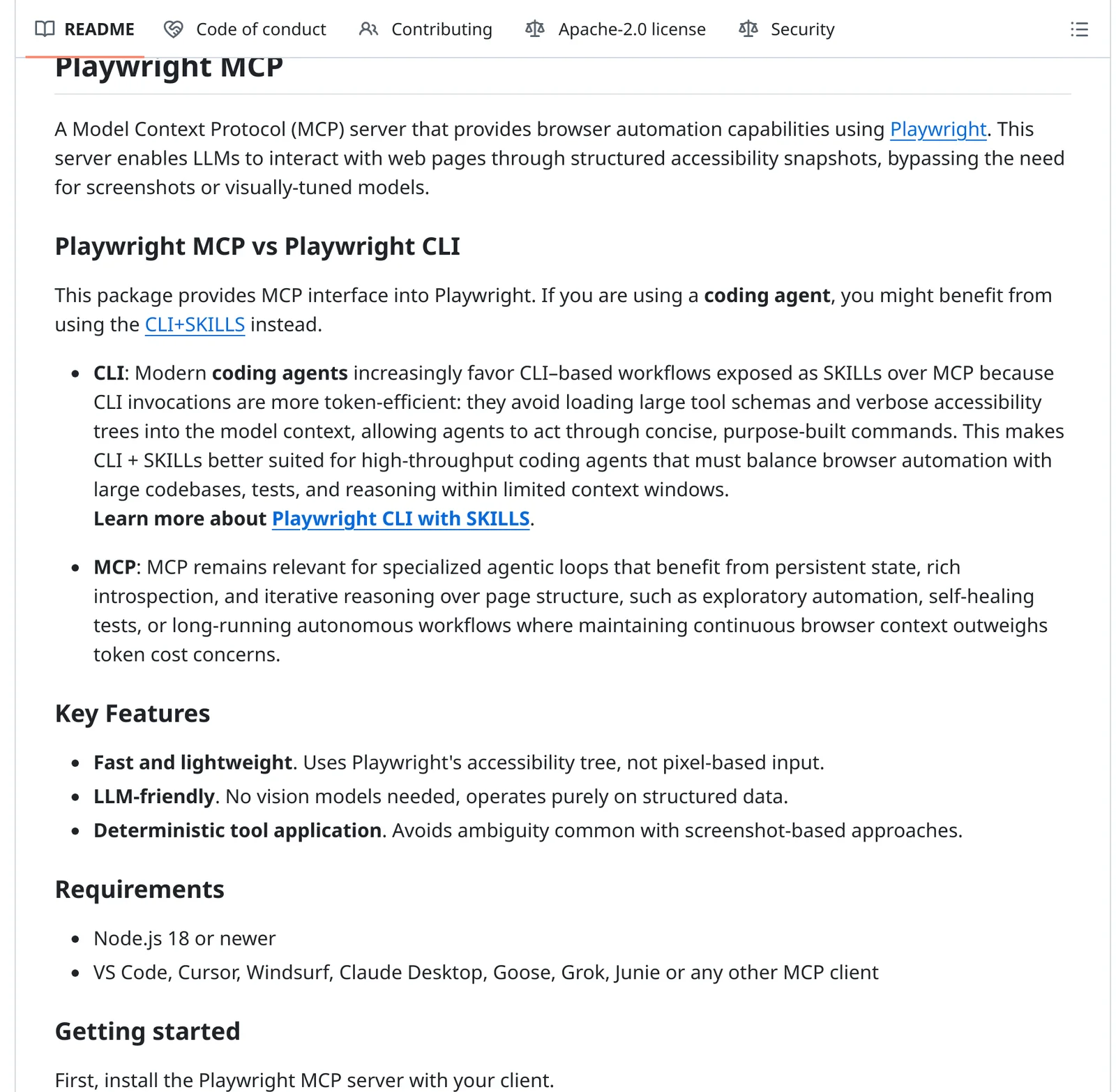 Playwright MCP README comparing Playwright CLI with skills and Playwright MCP for coding agents