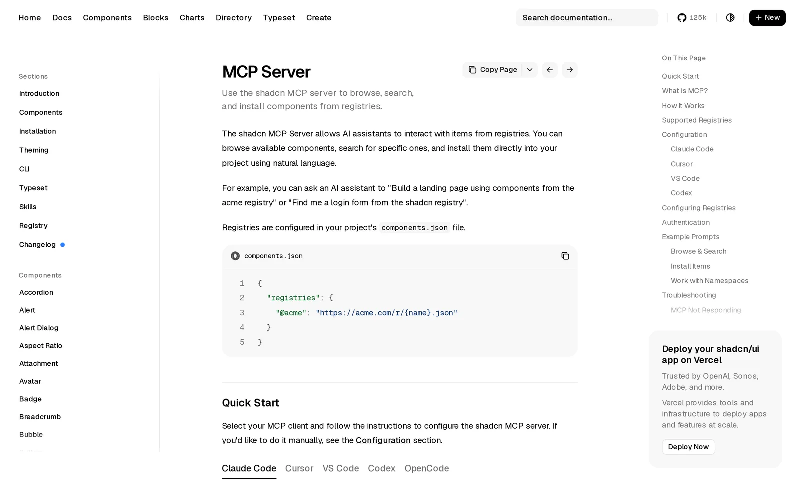 shadcn/ui MCP Server docs page with quick-start tabs for Claude Code, Cursor, VS Code and Codex