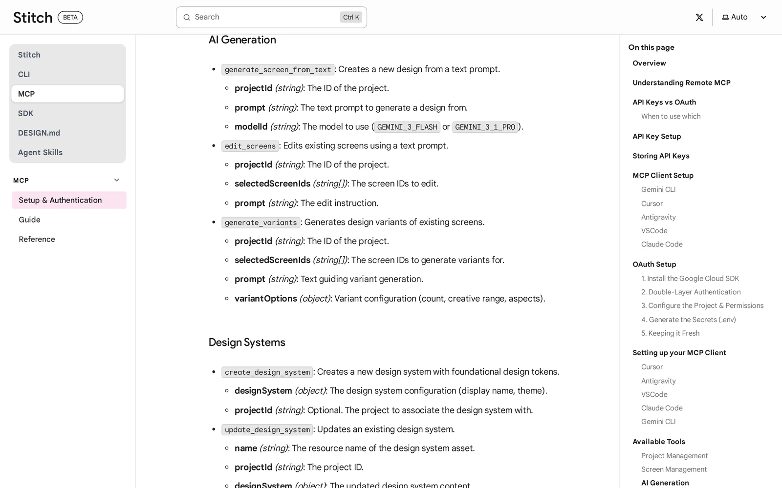 Google Stitch MCP docs listing generate_screen_from_text, edit_screens and generate_variants tools