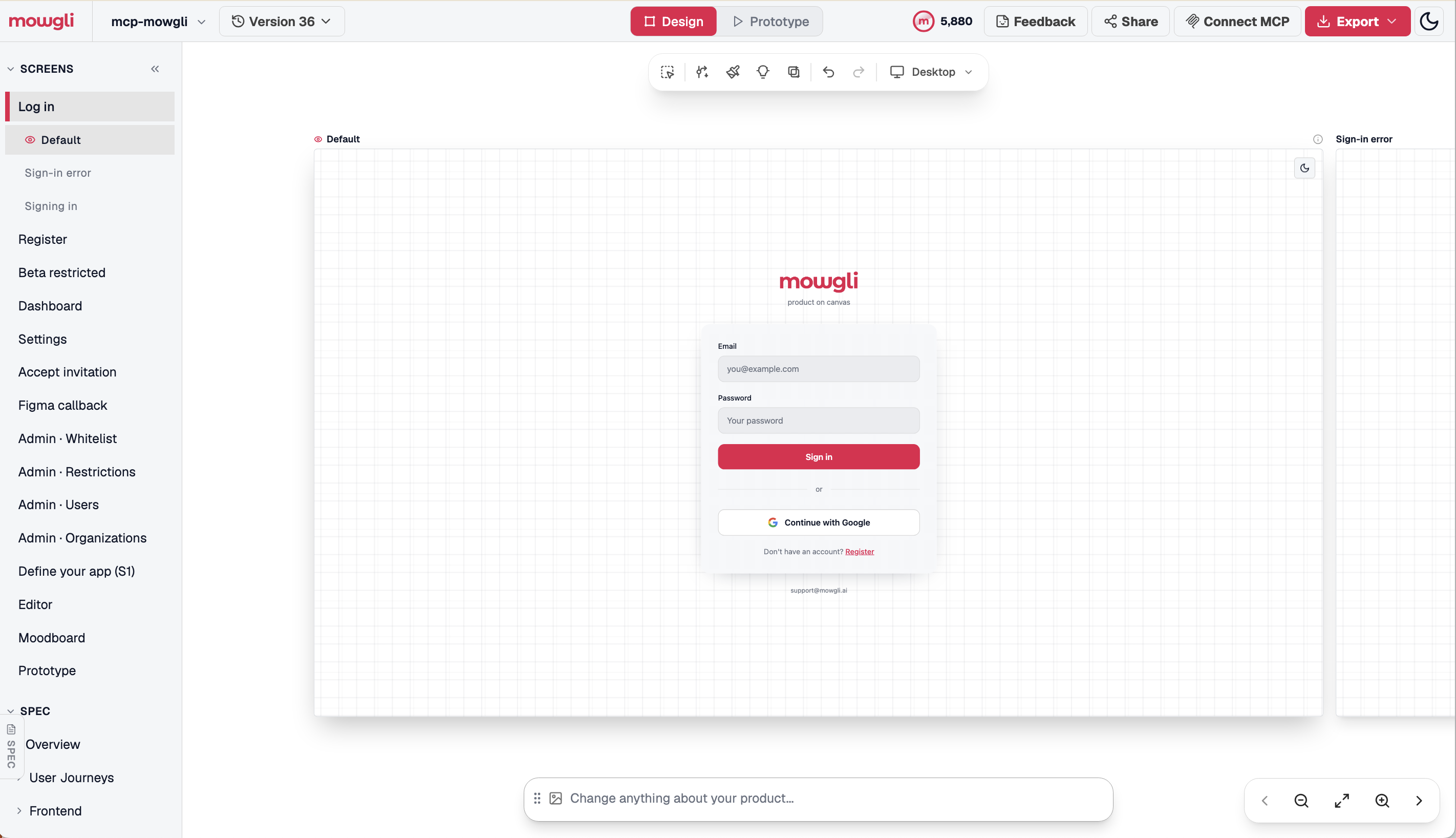 Mowgli log in screen on the canvas