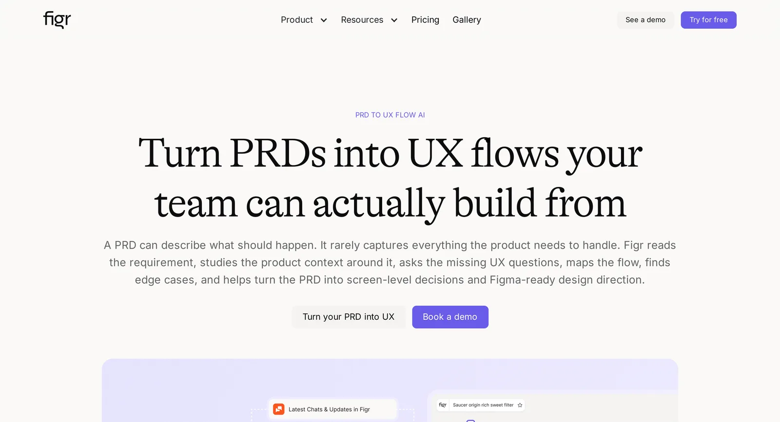 figr's 'Turn PRDs into UX flows your team can actually build from' product page, describing how it reads a PRD, asks missing UX questions, maps the flow and finds edge cases