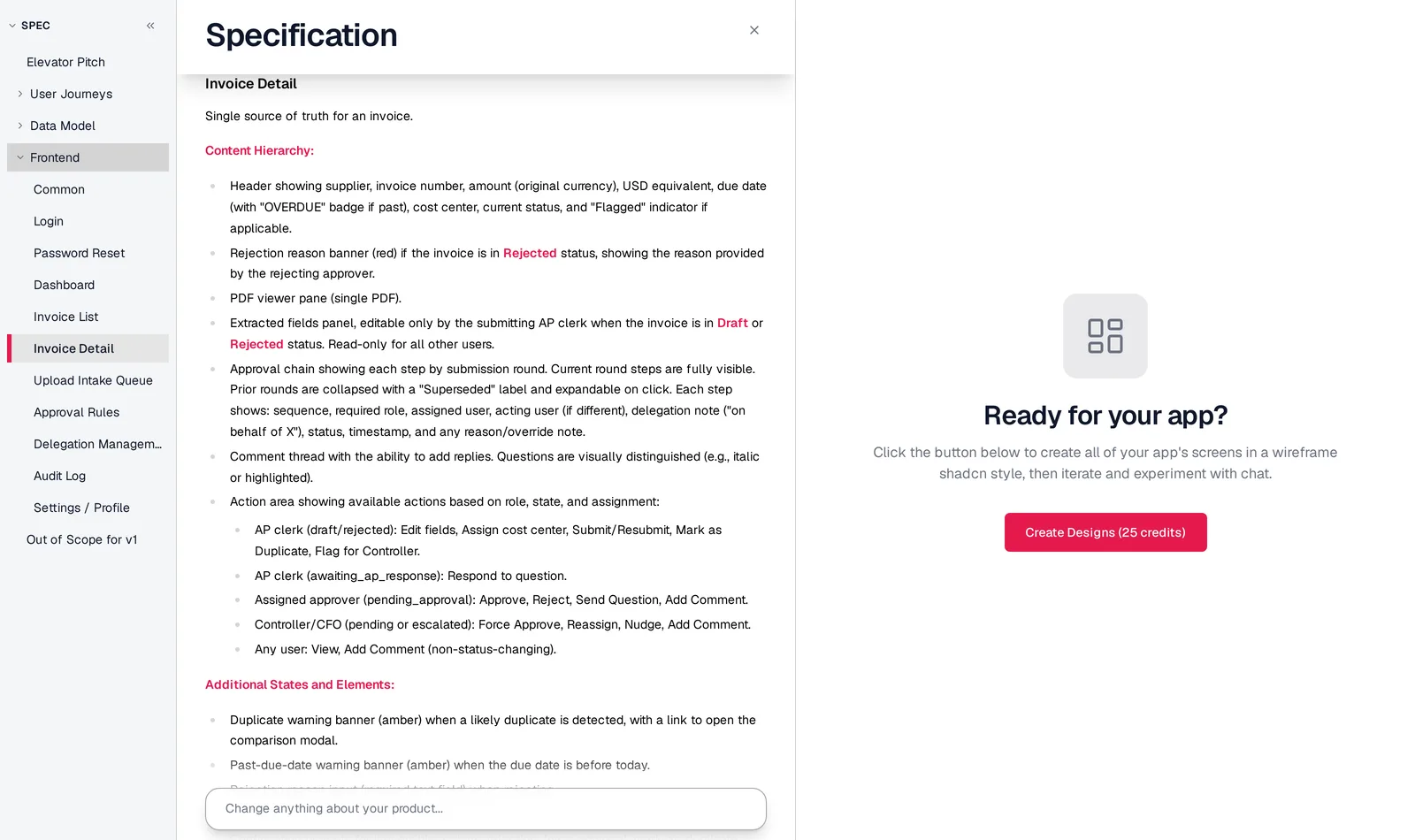 Mowgli specification panel with the Frontend section listing 10 screens in the sidebar (Login, Password Reset, Dashboard, Invoice List, Invoice Detail, Upload Intake Queue, Approval Rules, Delegation Management, Audit Log, Settings / Profile) and the Invoice Detail content hierarchy and role-based actions on the right