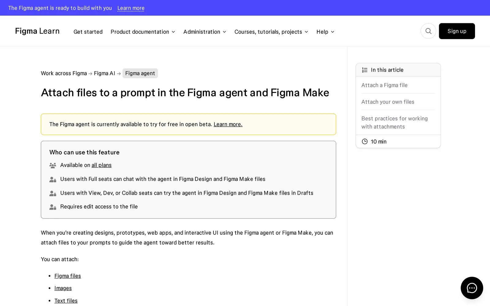 Figma Learn article: Attach files to a prompt in the Figma agent and Figma Make, listing who can use the feature and the file types you can attach
