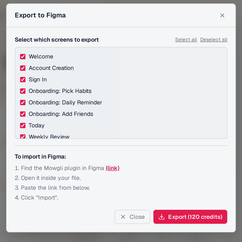 Mowgli Export to Figma dialog with a checklist of habit tracker screens and four steps to import them with the Mowgli Figma plugin