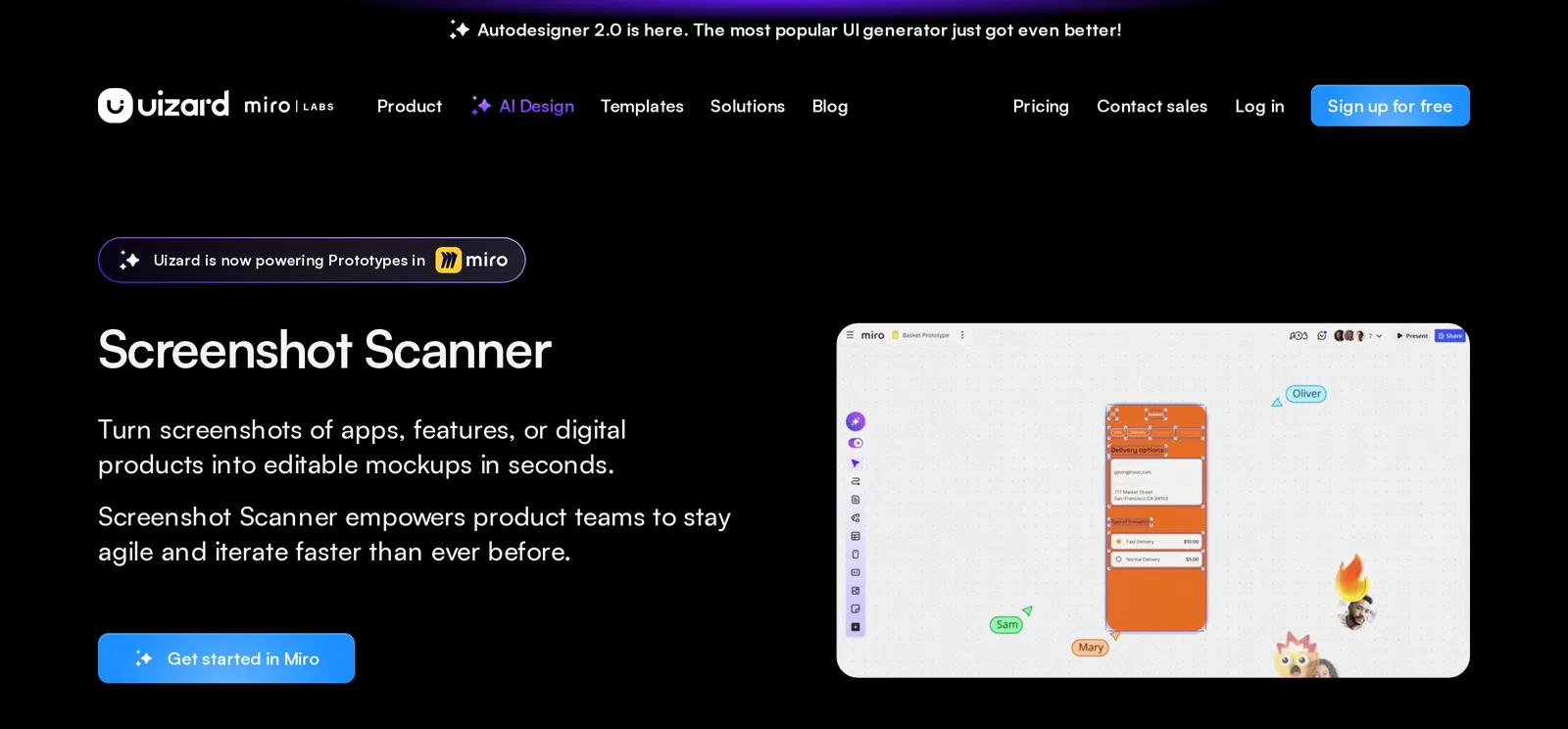 Uizard Screenshot Scanner page: turn screenshots of apps, features, or digital products into editable mockups in seconds, with a note that Uizard now powers Prototypes in Miro