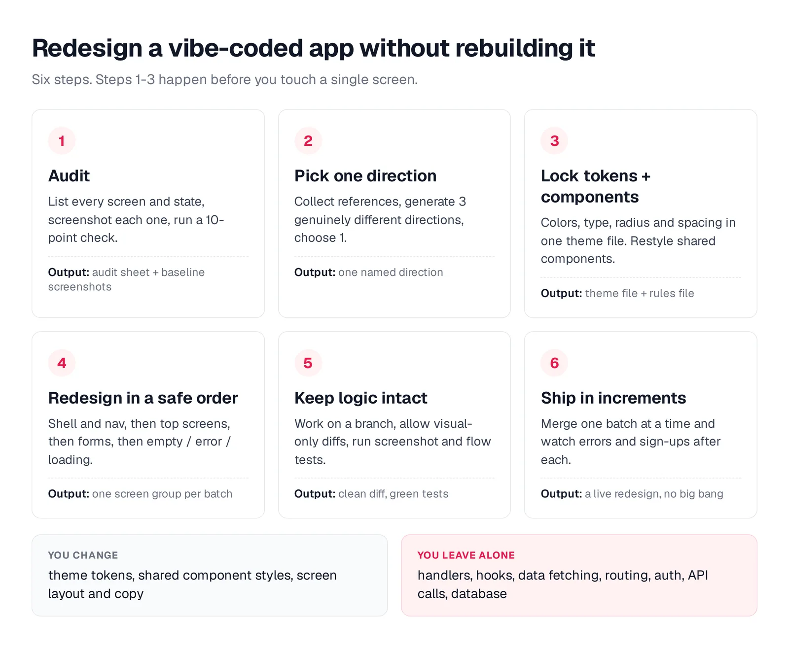 Six-step redesign process: audit, pick a direction, lock tokens, redesign in order, keep logic intact, ship in increments