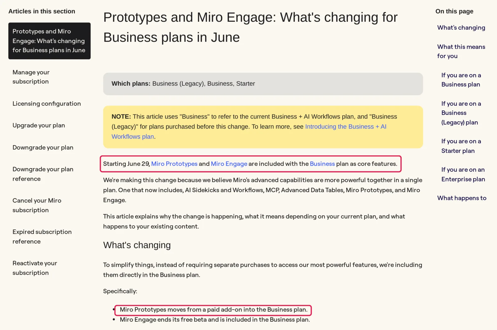 Miro help center article titled Prototypes and Miro Engage: What's changing for Business plans in June, with the sentences Starting June 29, Miro Prototypes and Miro Engage are included with the Business plan and Miro Prototypes moves from a paid add-on into the Business plan highlighted
