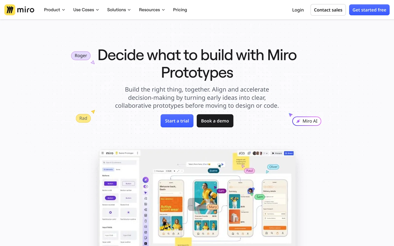 Miro Prototypes landing page with the headline Decide what to build with Miro Prototypes, Start a trial and Book a demo buttons, and a board showing connected mobile shopping app screens
