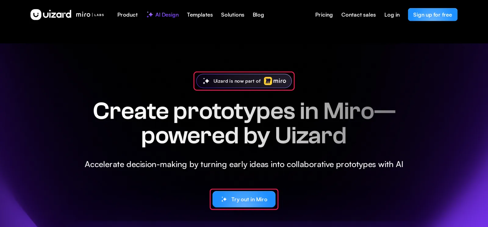 Uizard homepage with a Uizard is now part of Miro badge, the headline Create prototypes in Miro powered by Uizard, and a Try out in Miro button, both highlighted in red
