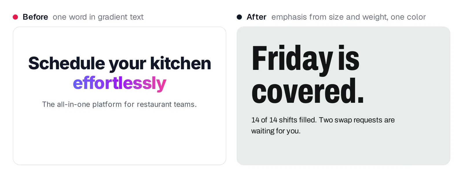 Before: centered headline Schedule your kitchen effortlessly with the last word in an indigo-to-pink gradient. After: a large condensed black headline reading Friday is covered with a one-line status below