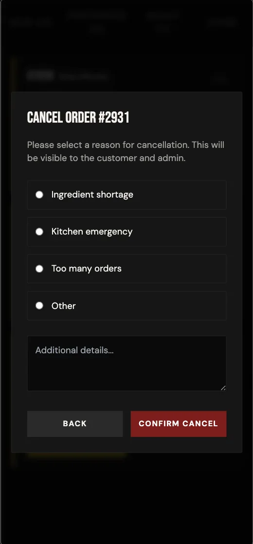 Off Menu - Cancellation Reason Modal